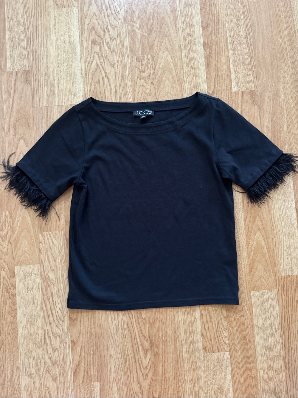J.Crew Feather Jersey Cropped T-Shirt Short Sleeve Feather Trim Tee- Black- xxs